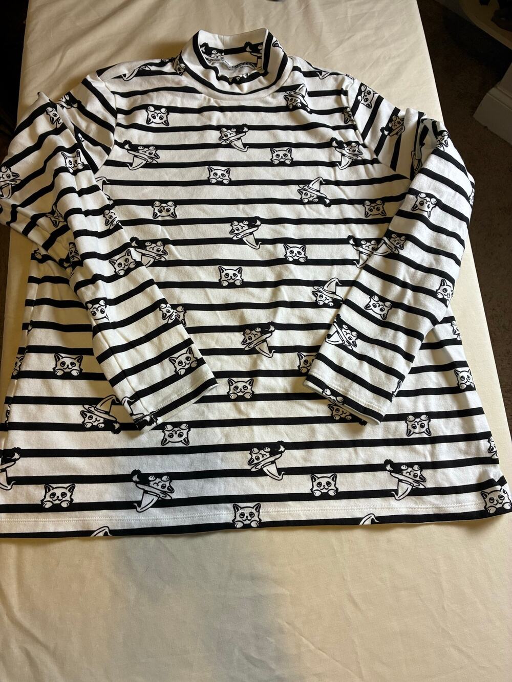 Kim Rogers Cat Print Mock Neck Top XL Black White Striped Long Sleeve Cute Kitty